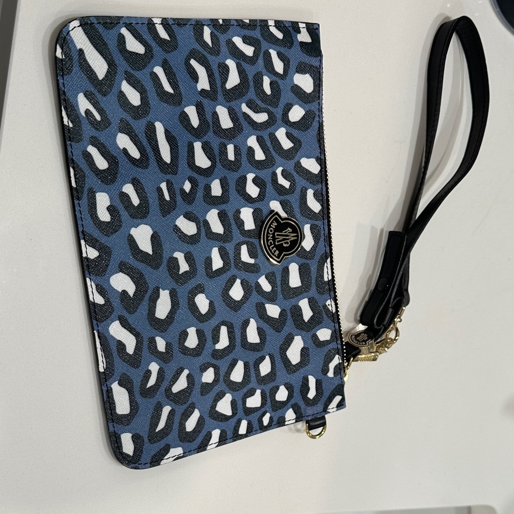 Moncler Blue and White Leopard Print Wristlet